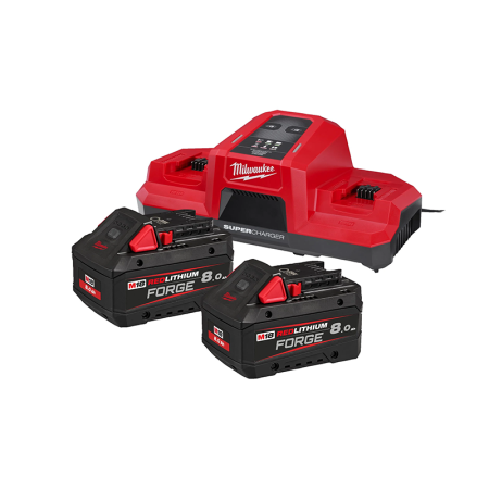 Milwaukee Pack 2 batteries FORGE M18 FB8 18V 8 Ah + chargeur rapide double M18 DBSC