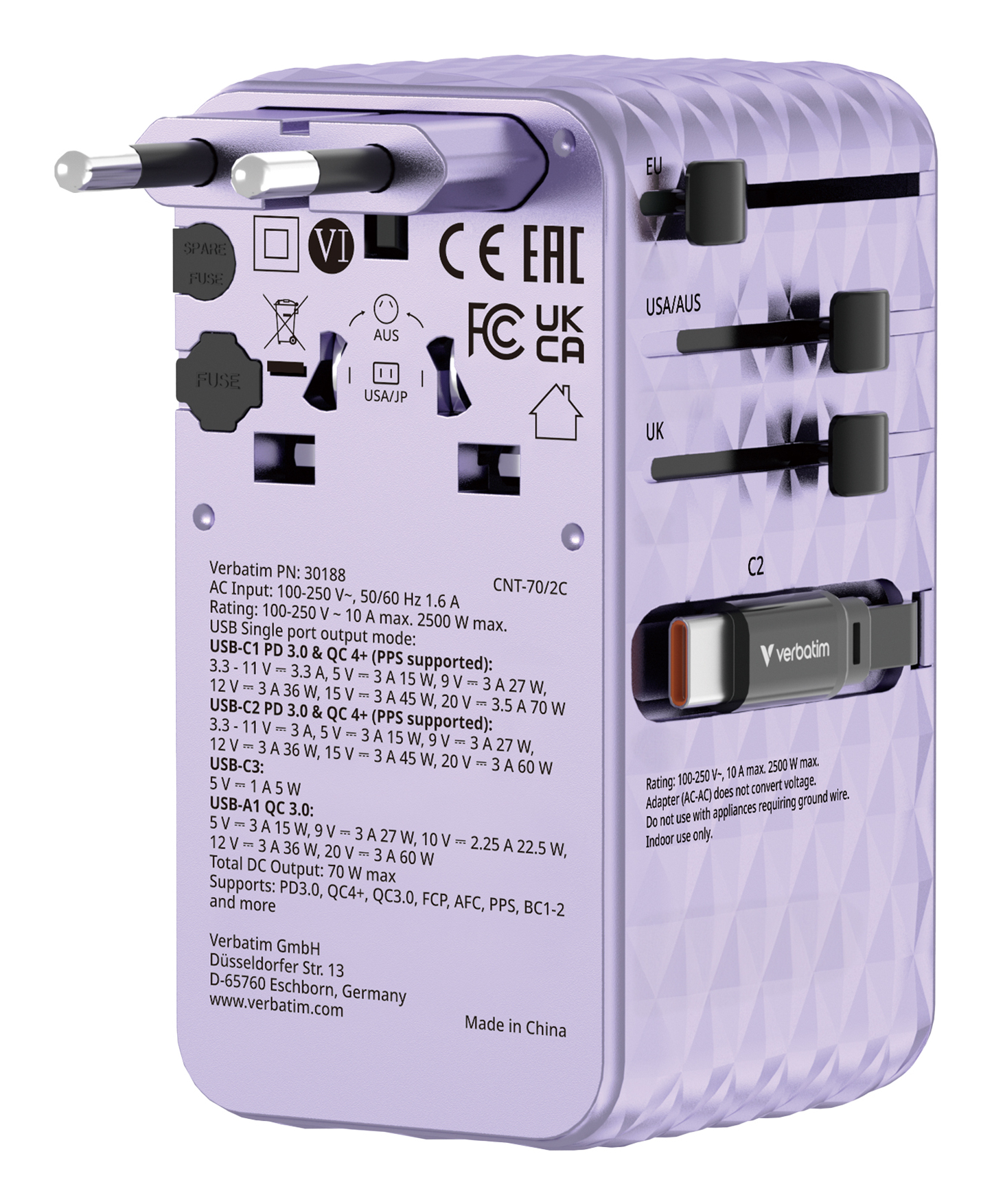 VERBATIM Charge Ân Travel 70W 2C retractable Universal Travel Adapter Purple