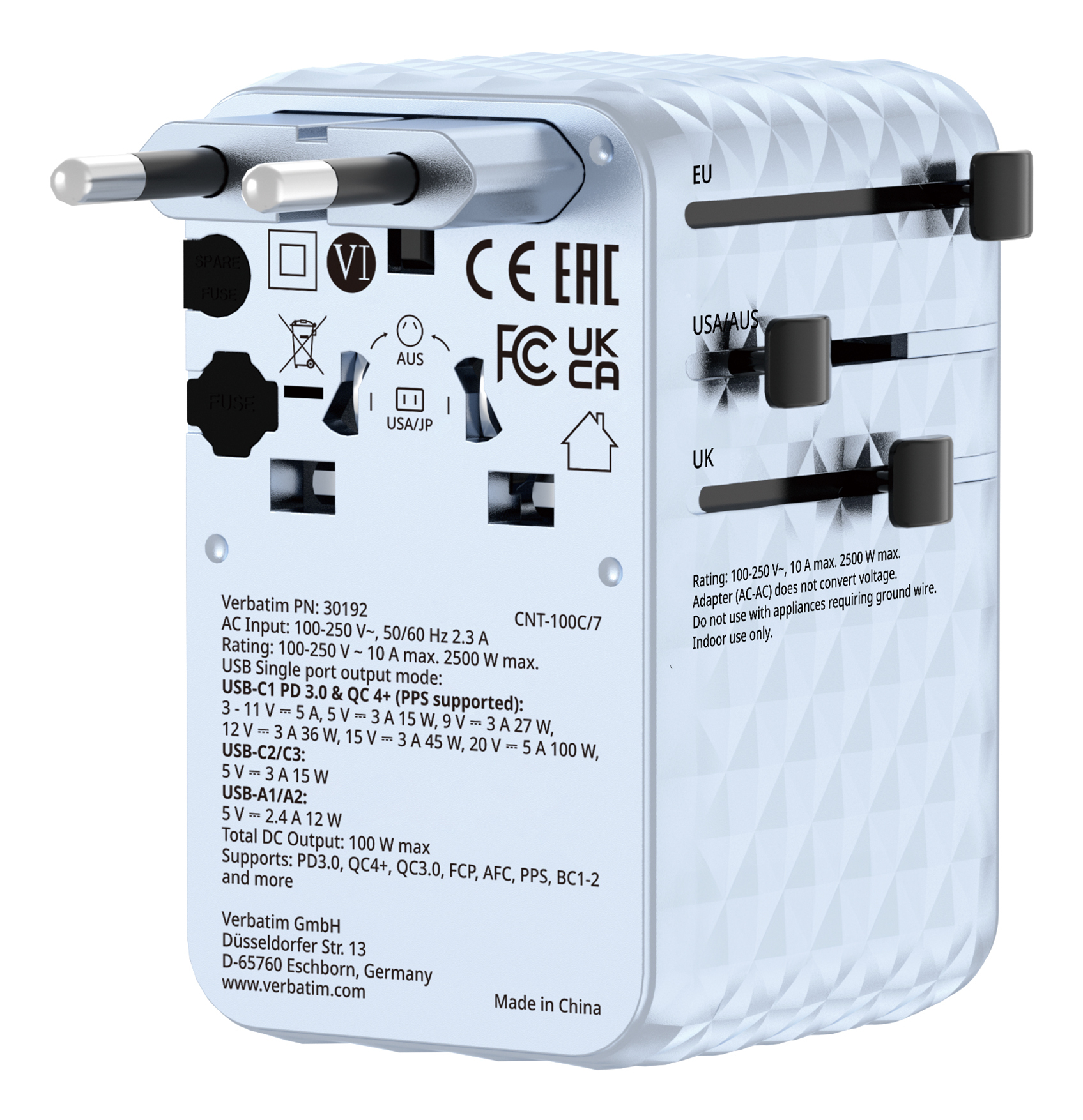 VERBATIM Charge ´n´ Travel 100W Universal Travel Adapter with Retractable Cable Blue