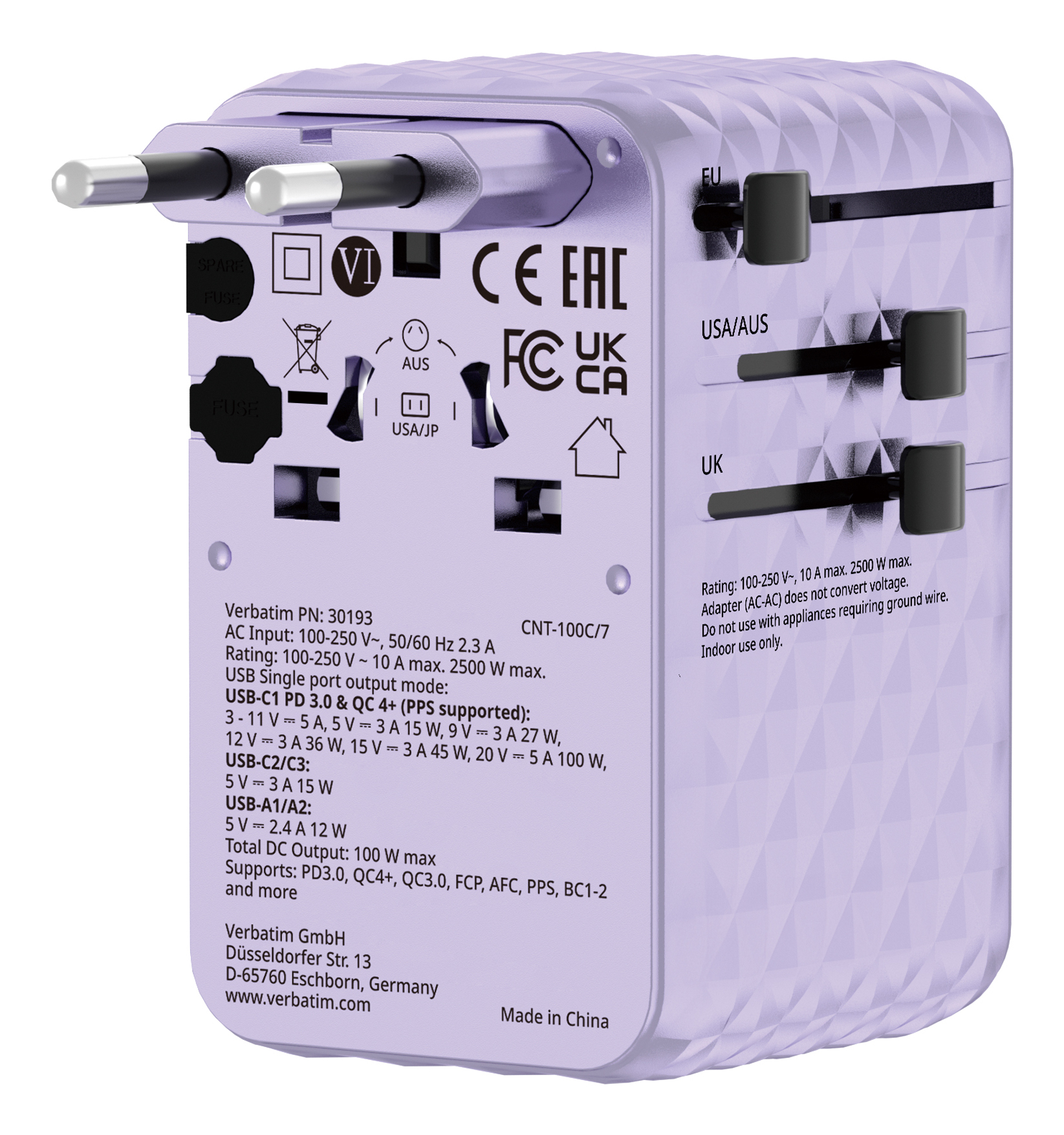 VERBATIM Charge ´n´ Travel 100W Universal Travel Adapter with Retractable Cable Purple