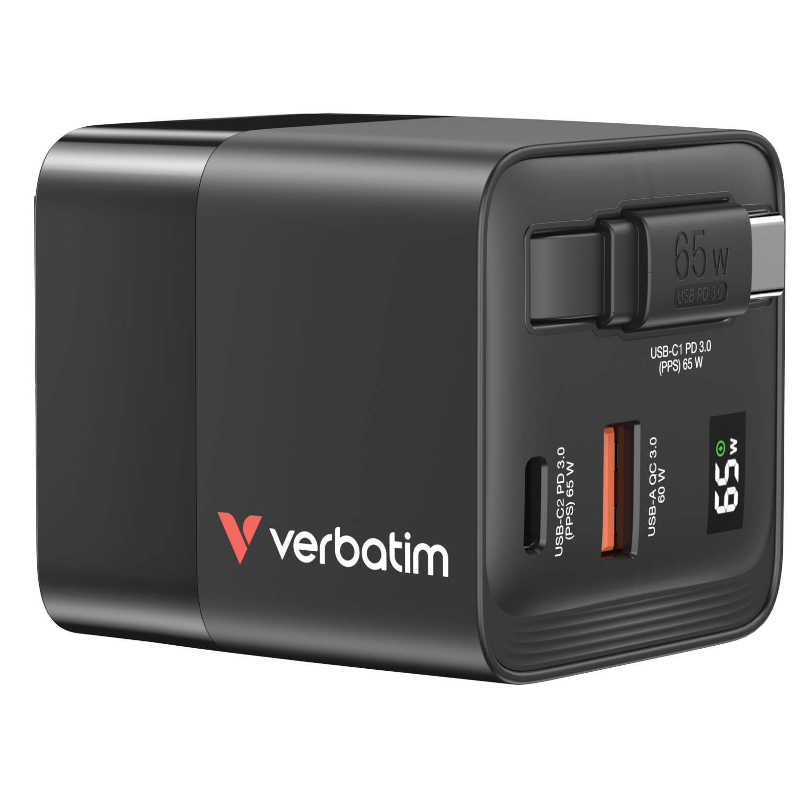 VERBATIM Chargeur secteur GaN 1x ports USB-A + 1x port USB-C 65W (Noir)