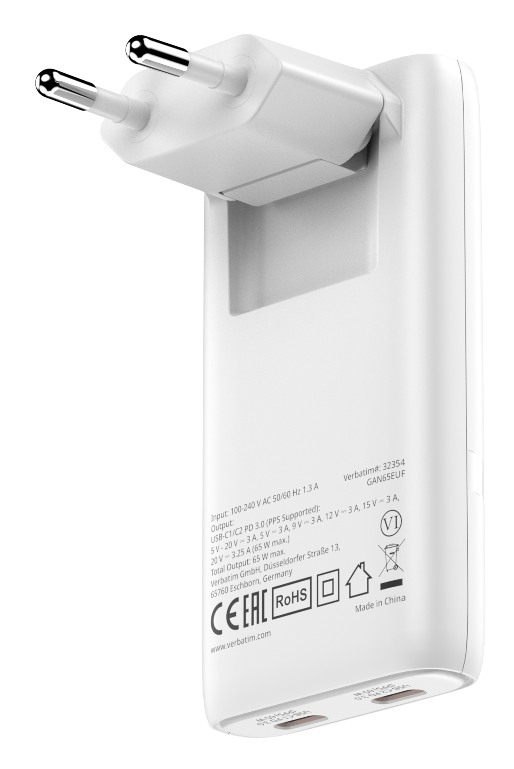 VERBATIM Fold ´n´ Go GaN Charger 65W EU plug Whit
