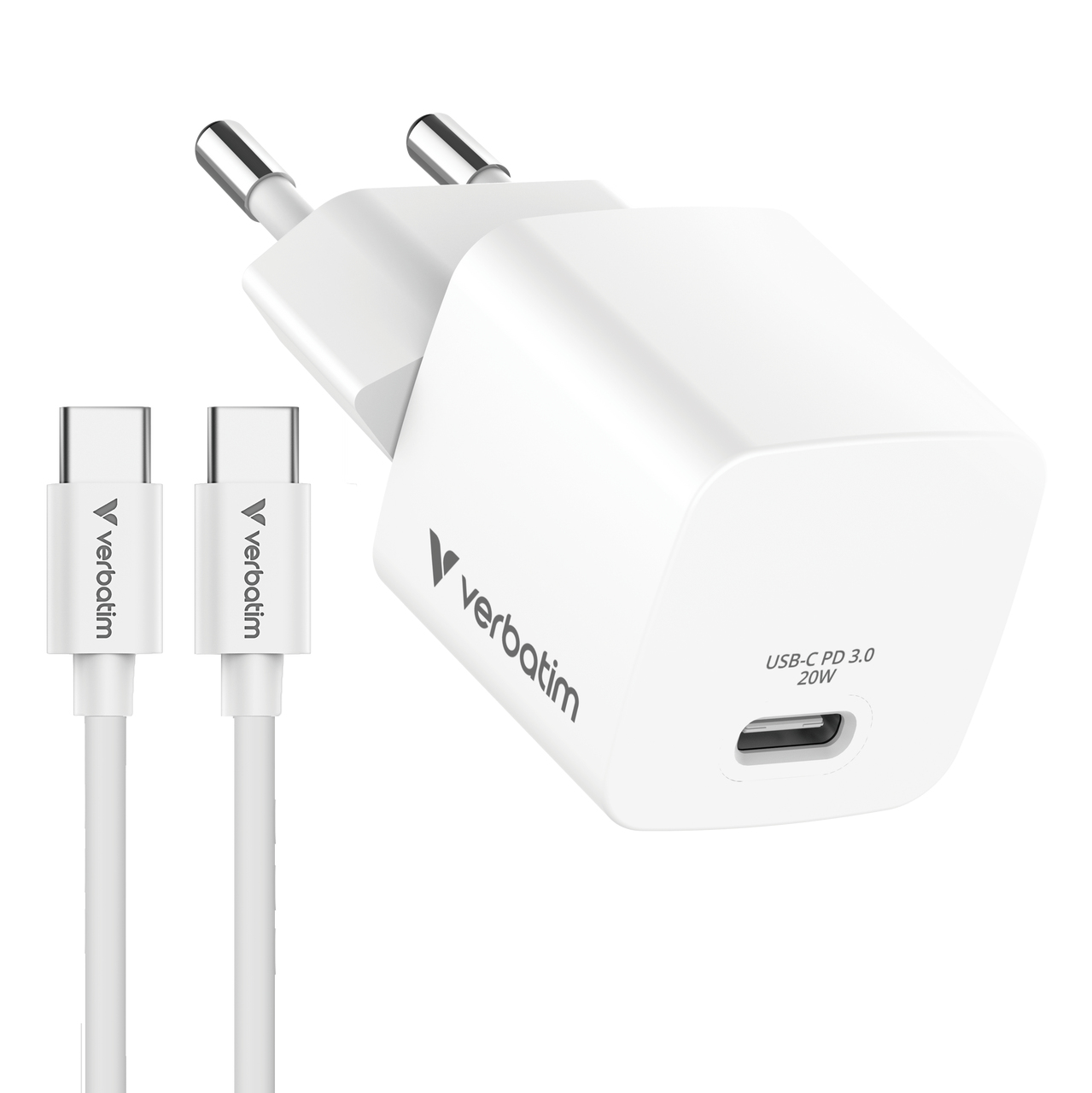 VERBATIM Mini chargeur secteur  GaN USB-C avec cable USB-C 20W (Blanc)