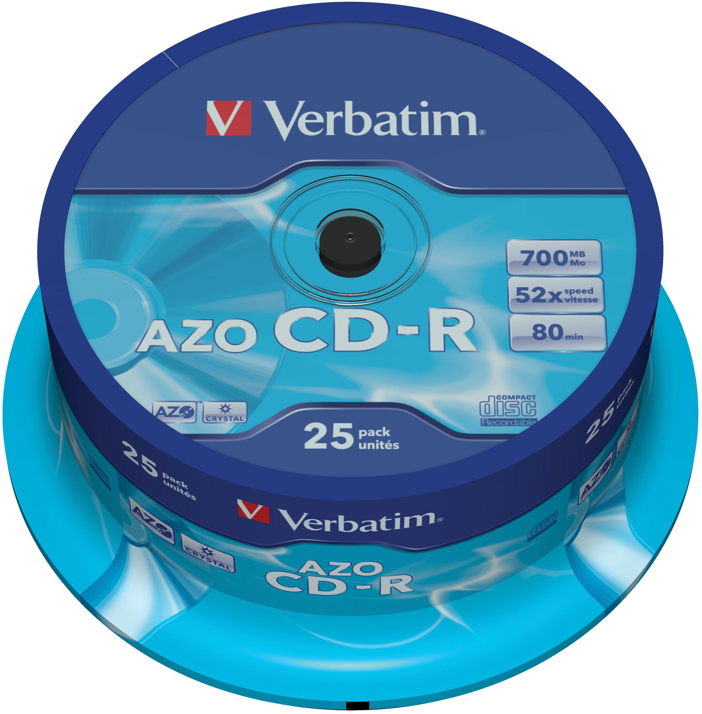 VERBATIM CD-R 80 Min/700 Mo Verbatim 52x AZO Crystal in en Cakebox 25 pièces
