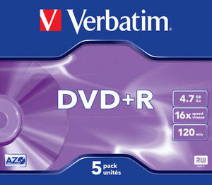 VERBATIM DVD+R 4.7 GO 16X (PAR 5, BOITE)