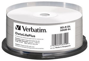 VERBATIM Verbatim BD-R DUAL LAYER 50GB 6X DL+ WIDE PRINTABLE NO ID SURFACE HARD COATSpindle de 25