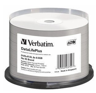 VERBATIM DVD+R DOUBLE LAYER 8.5GB 8X WIDE THERMAL PRINTABLE (double couche )
