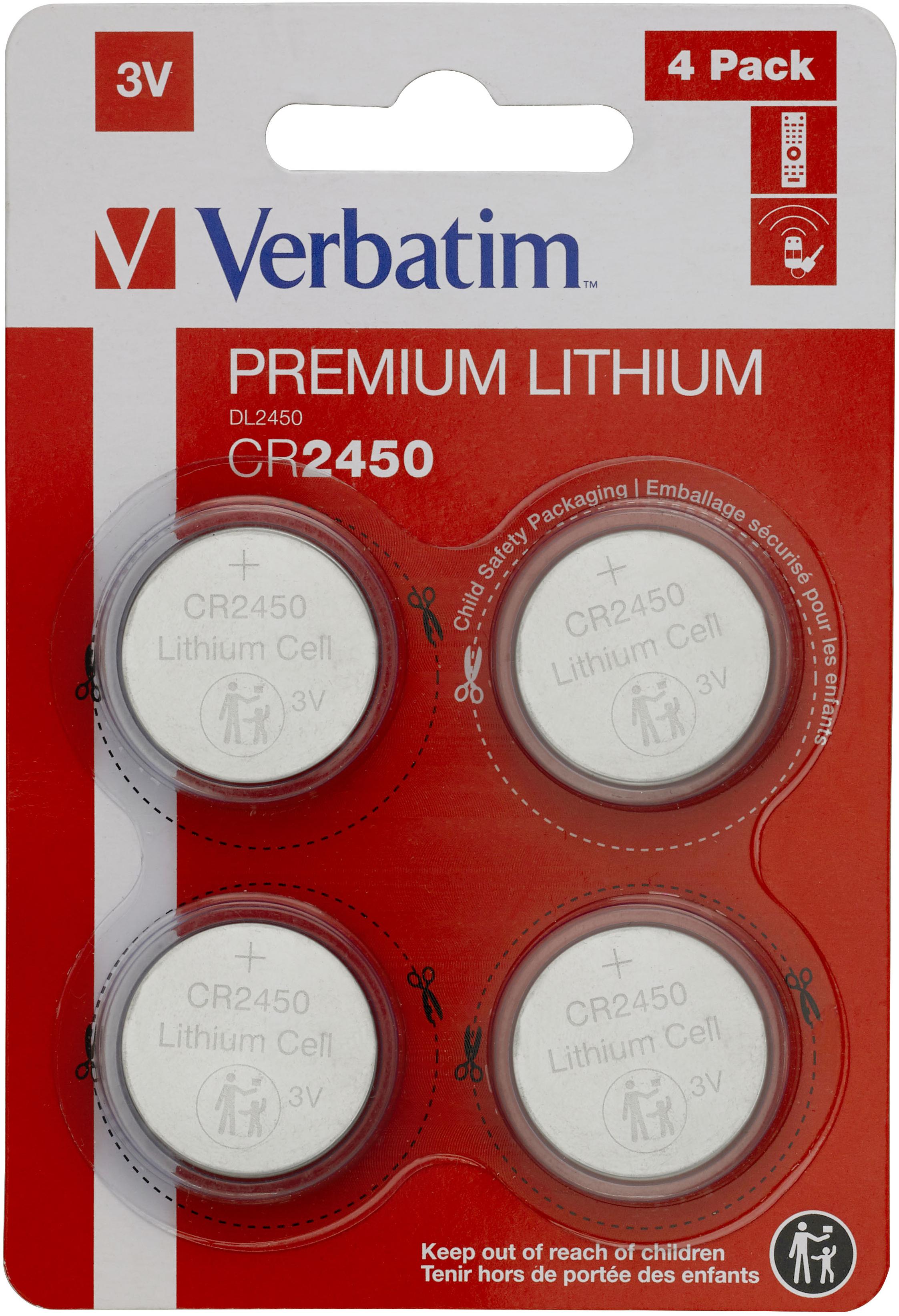 VERBATIM Lot de 4 Piles plates Premium CR2450 3V