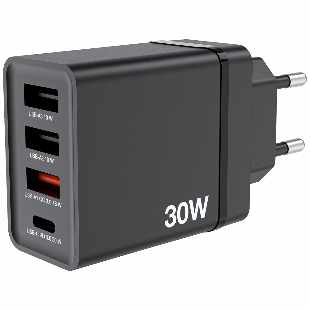 VERBATIM Chargeur secteur GaN 3x ports USB-A + 1x port USB-C 30W (Noir)
