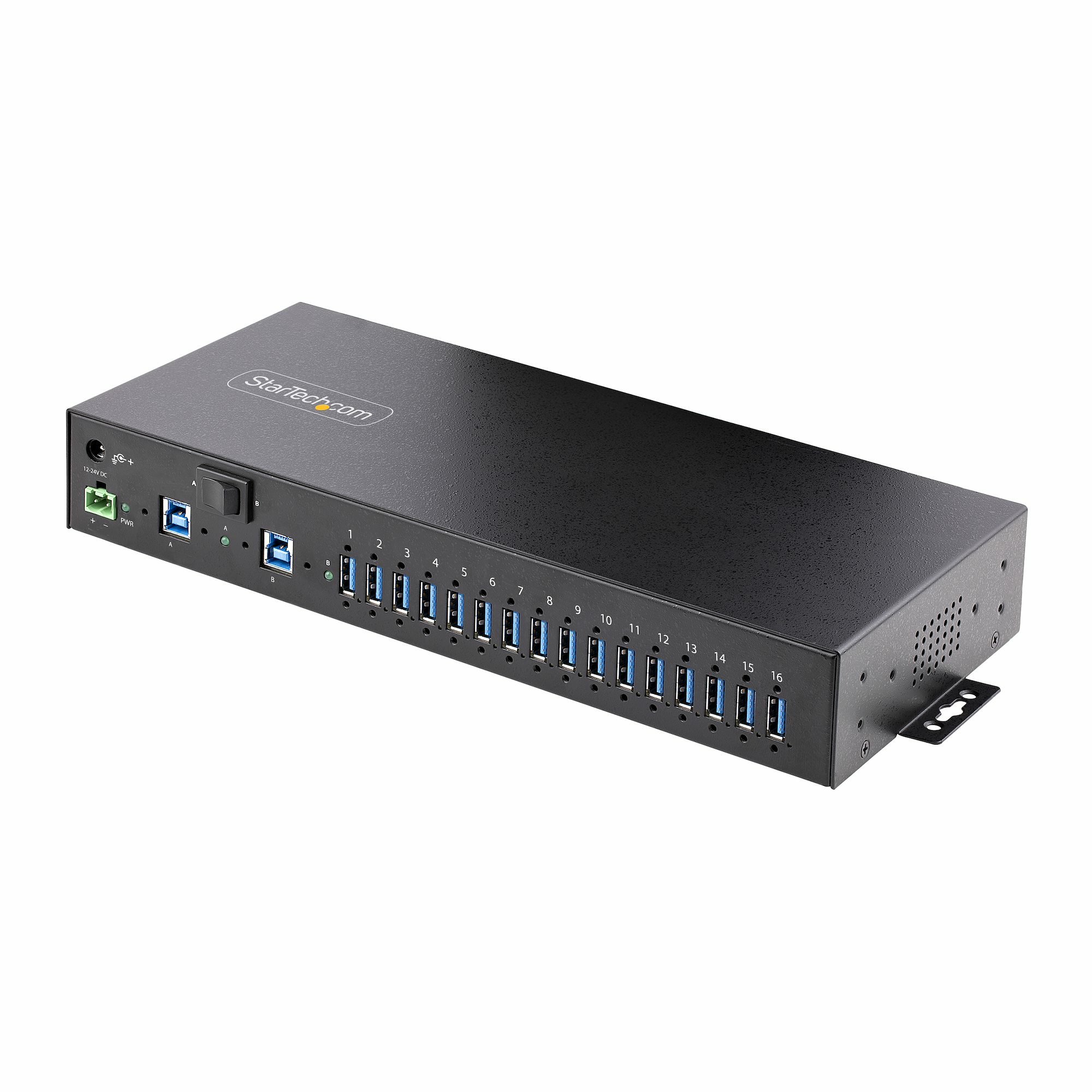 STARTECH StarTech.com 16-Port Industrial USB 5Gbps Hub with Power Adapter, Metal Enclosure, Mountable, ESD Protection, Terminal Block Power, USB Charging, Dual-Host Switch