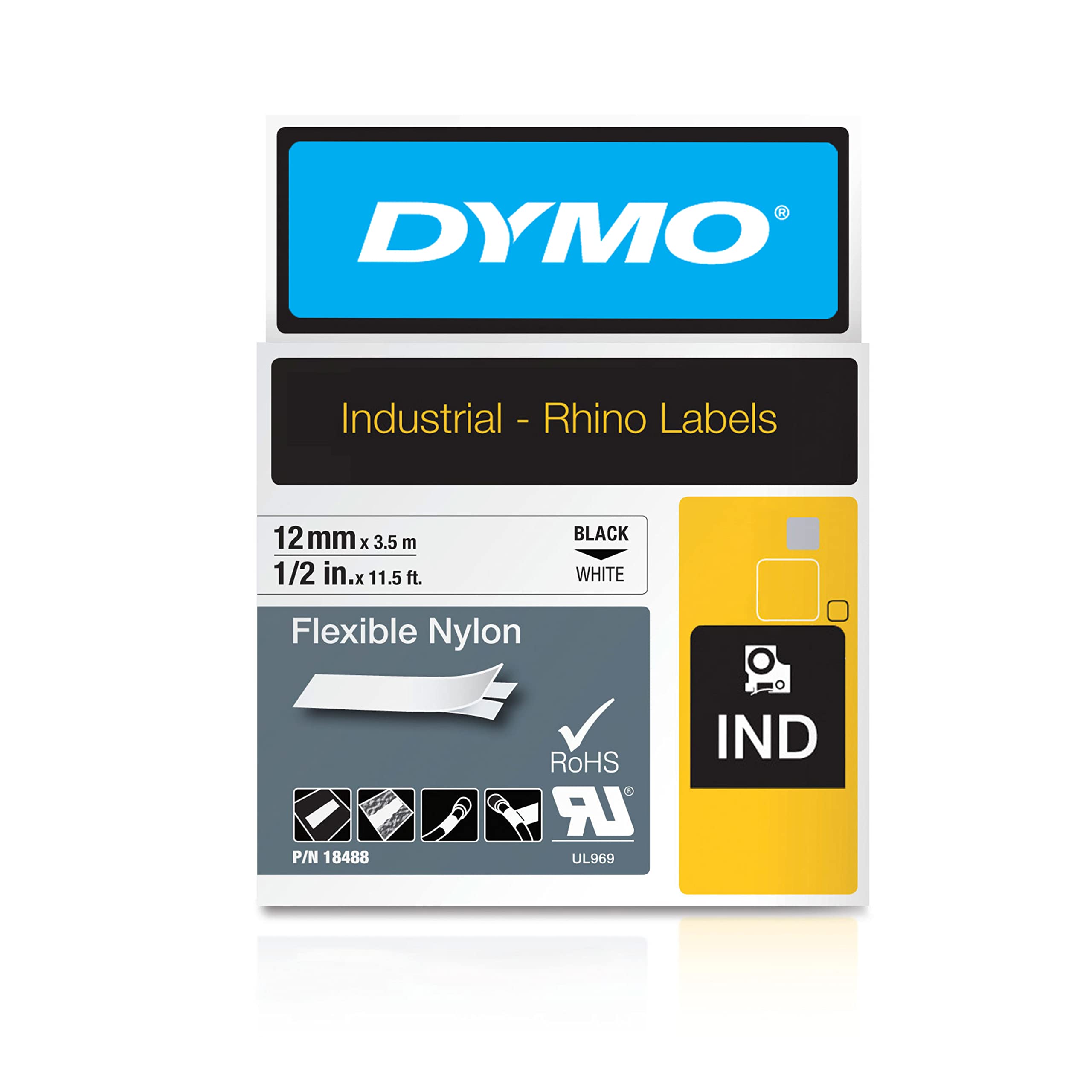 DYMO Rhino étiquettes industrielles Nylon flexible 12 mm x 3,5 m noir/blanc