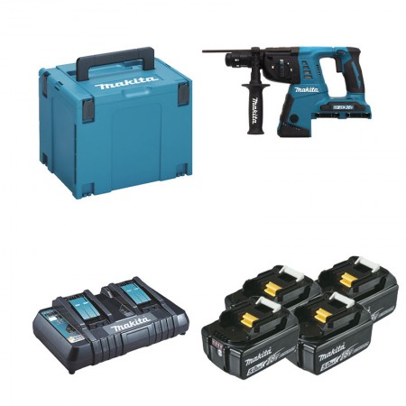 Makita Perforateur burineur SDS-Plus 2x18V DHR264ZJ + 4 batteries BL1850B 18V 5 Ah + 1 chargeur rapide double DC18RD