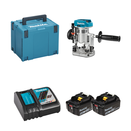 Makita Défonceuse-affleureuse 18V DRT50ZJX3 + 2 batteries BL1850B 18V 5 Ah + 1 chargeur rapide DC18RC