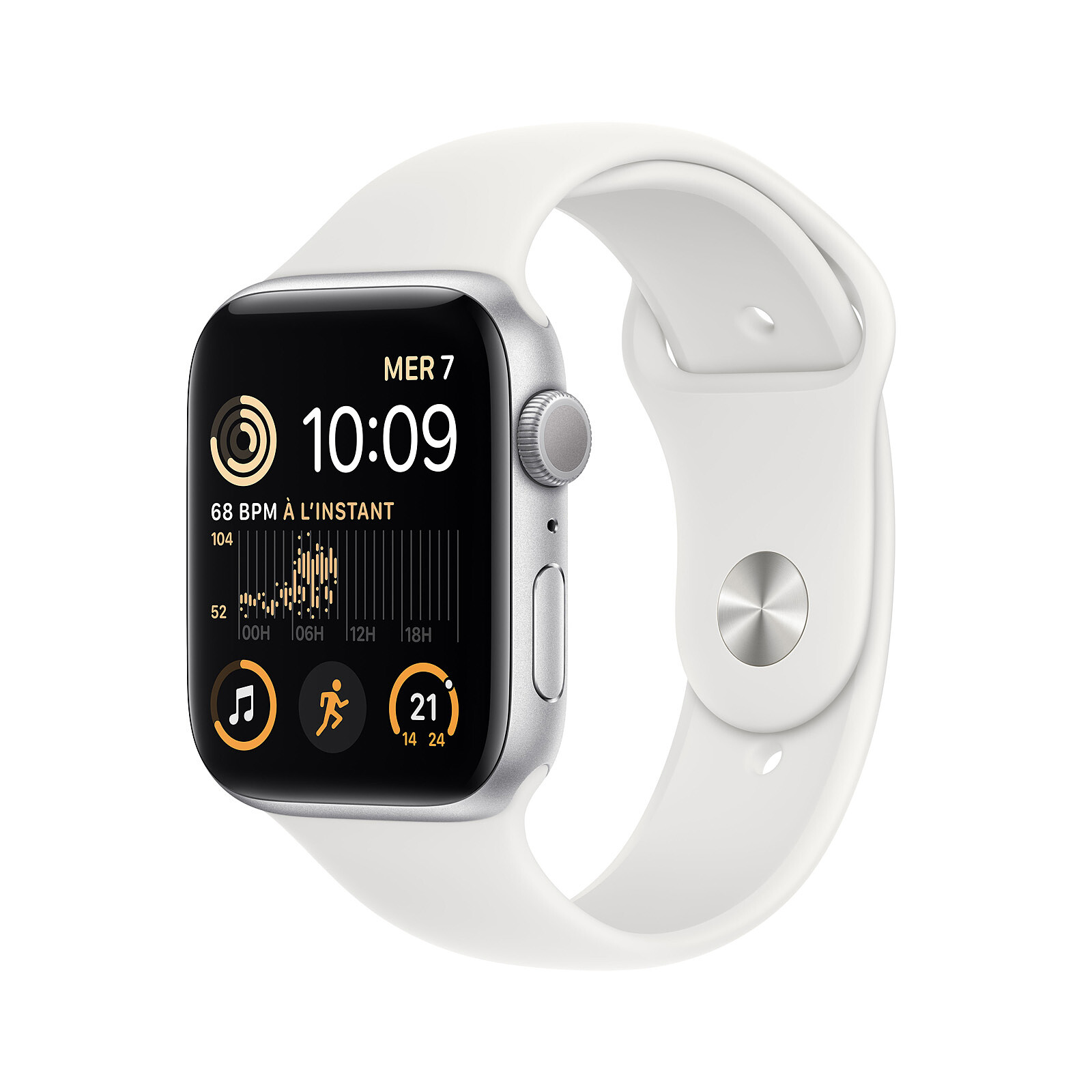 APPLE Modèle du produit : Watch SE GPS 2eme generation, boîtier alumininiumArgent 44mm Bracelet Sport Blanc