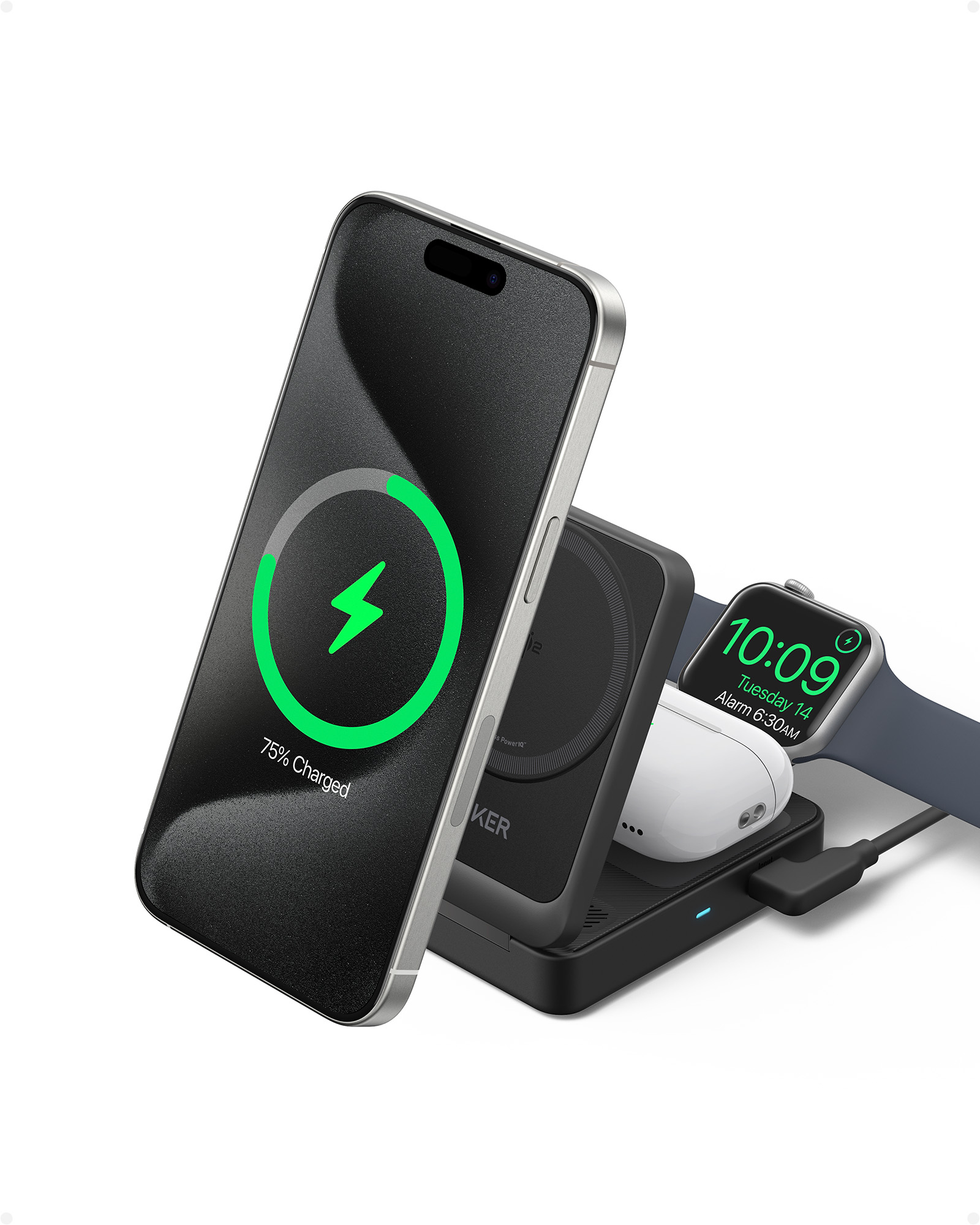 Anker MagGo Magnetic Wireless Charger 15W Foldable 3-in-1 with Charger Bundle Black EU Plug