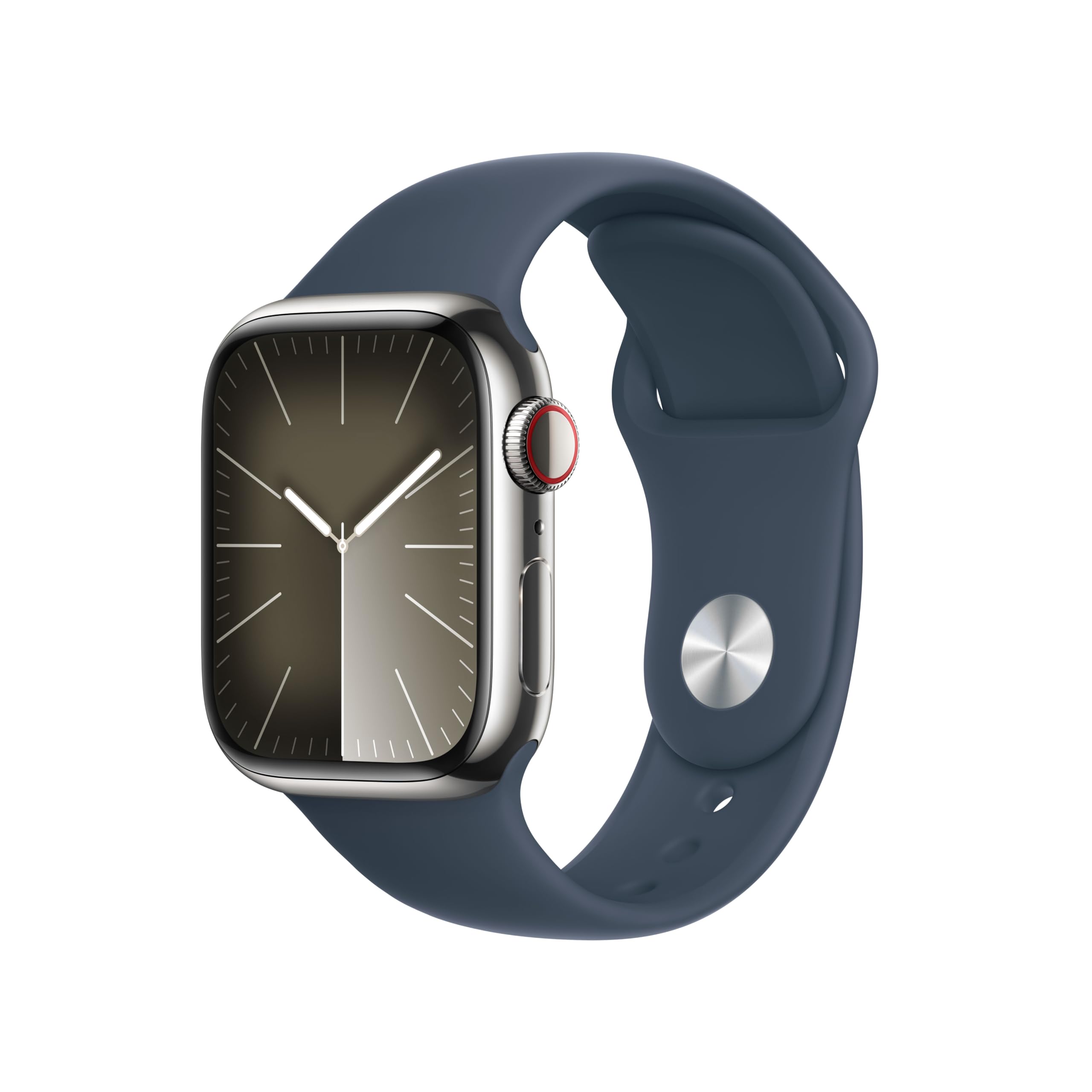 APPLE Watch Series 9 GPS + Cellular Acier Inoxydable Argent Bracelet Sport Band Bleu S/M 45 mm