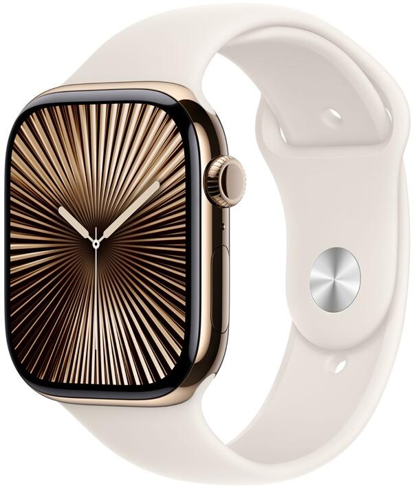 APPLE - Modèle du produit : Watch Series 10 GPS + Cellular 46mm Boîtier en Titane Or avec Bracelet Sport Lumiere Stellaire