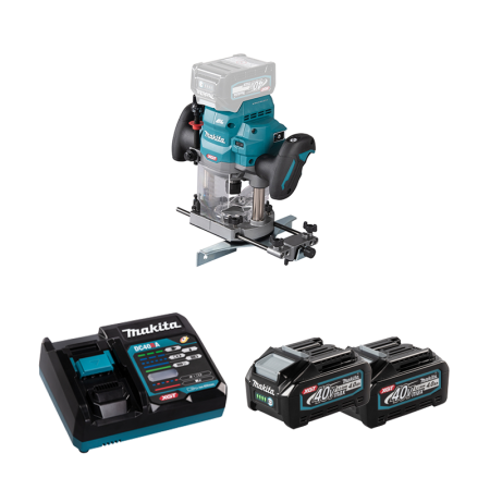 Makita Défonceuse 40V Ø12mm RP001GZ + 2 batteries 40V 4 Ah + chargeur rapide DC40RA