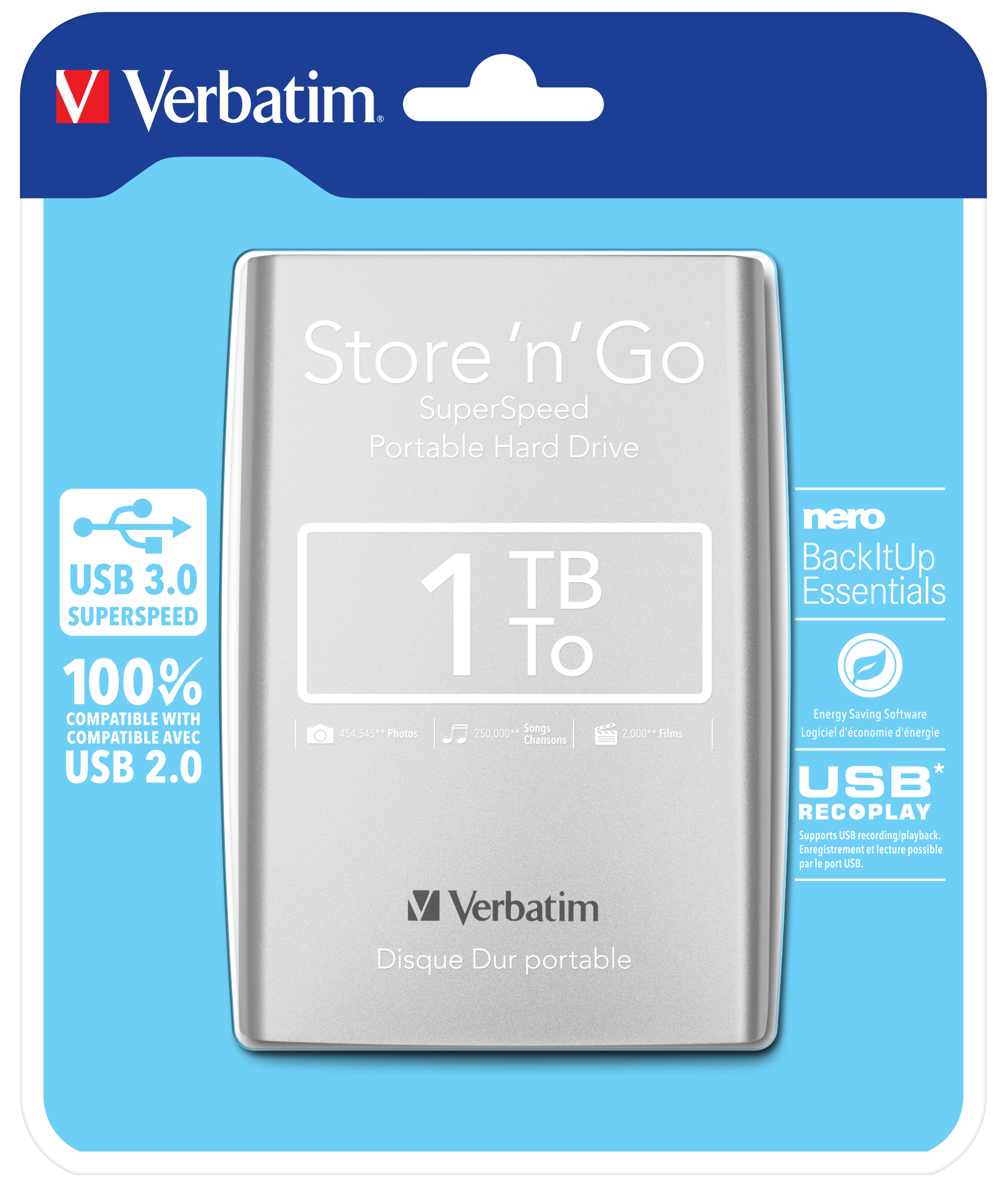 VERBATIM Disque Dur Portable Store 'n' Go 1 To USB 3.0 Micro-USB B Argent