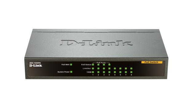 DLINK D-Link DES-1008PA commutateur réseau Non-géré Fast Ethernet (10/100) Connexion Ethernet, supportant l'alimentation via ce port (PoE) Noir