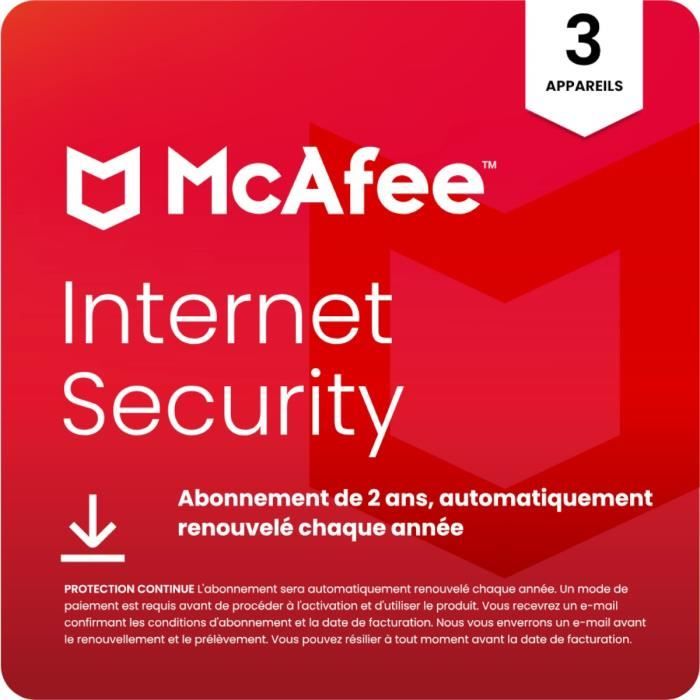 McAfee McAfee Internet Security pour 3 appareils Abonnement de 2 ans, renouvellement automatique annuel