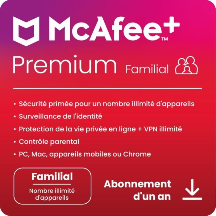 McAfee logiciel antivirus et optimisation + premium family 1 an