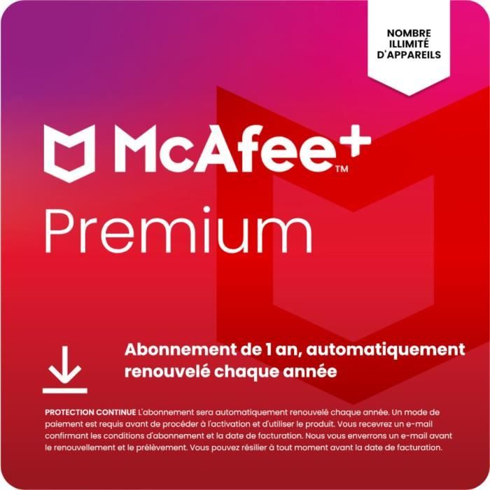 McAfee McAfee+ Premium Individuel, nombre illimité d'appareils Abonnement de 1 an, renouvellement automatique annuel