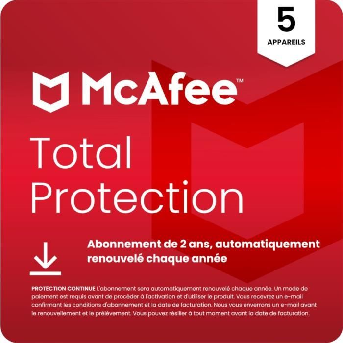McAfee McAfee Total Protection pour 5 appareils Abonnement de 2 ans, renouvellement automatique annuel