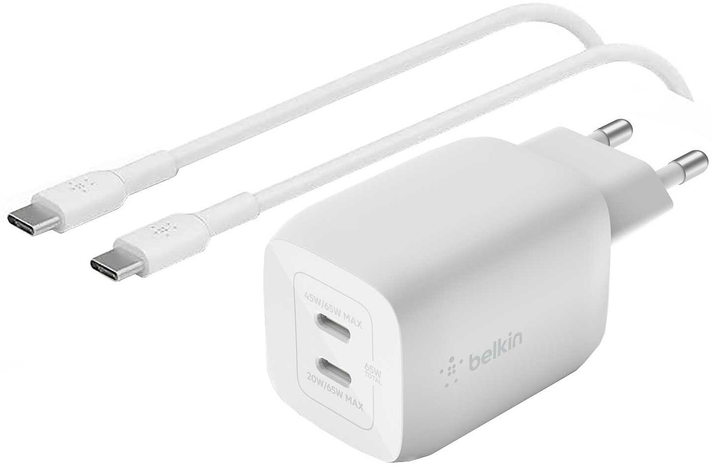 BELKIN Modèle : Chargeur Secteur 65W 2 Ports USB-C + Cable USB-C 2M 100W, Blanc