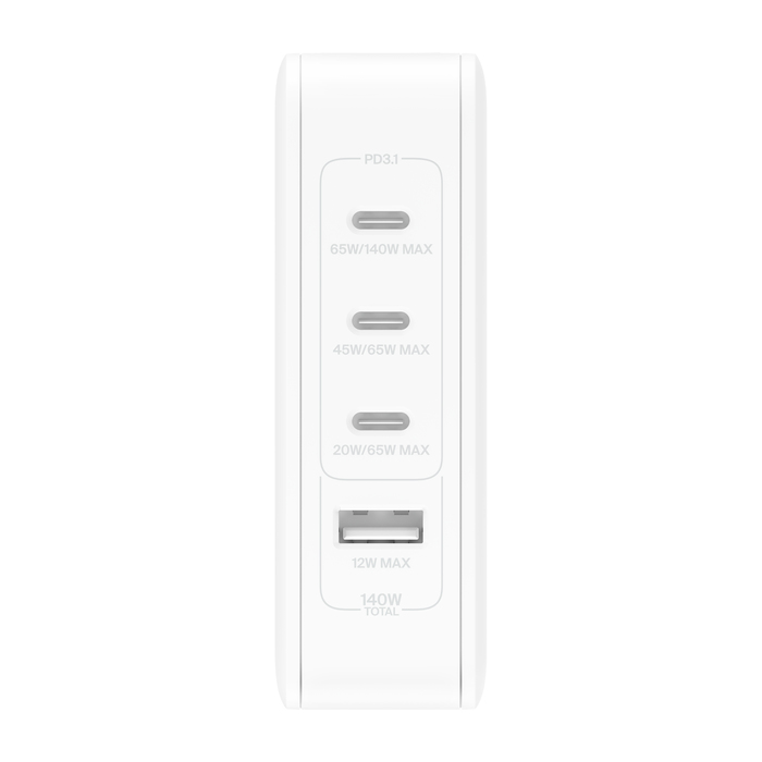 BELKIN BELKIN Chargeur secteur GaN BoostCharge Pro 4 ports 140 W (Blanc) est un chargeur secteur USB-C PPS de 140 W avec 3 ports USB-C et 1 port USB-A. Il offre une recharge optimale avec les technologies USB-C Power Delivery 3.1 et PPS. Ce chargeur compa