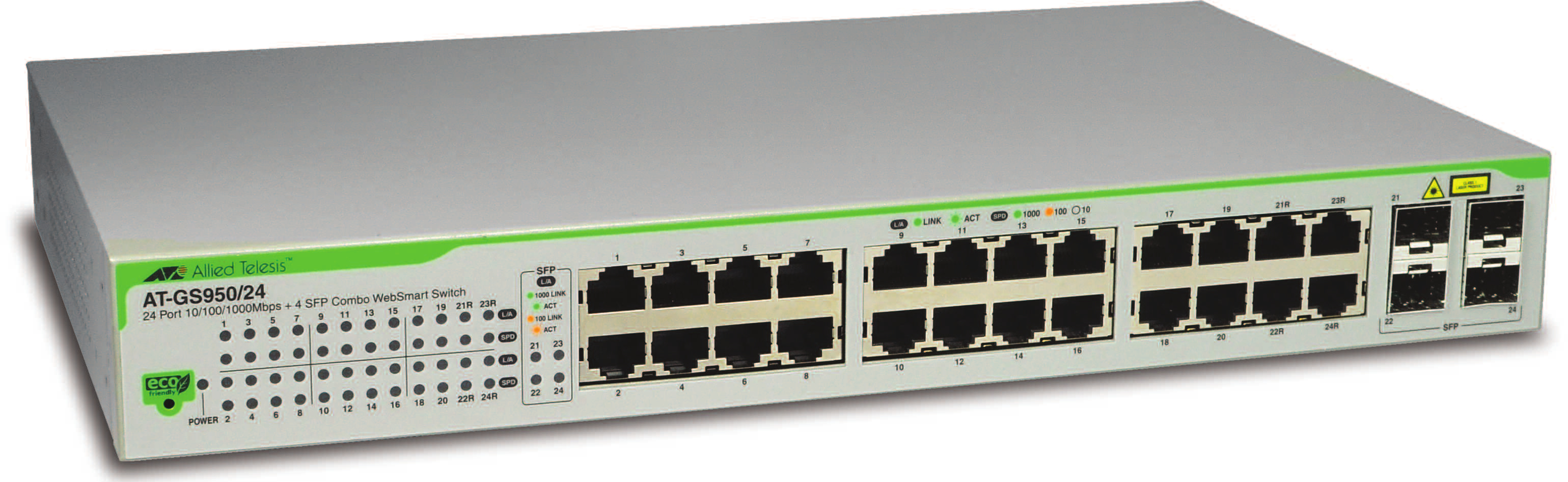 ALLIED TELESIS 24x port x10/100/1000BaseT WebSmart switch with 4 unpopulated SFP bays