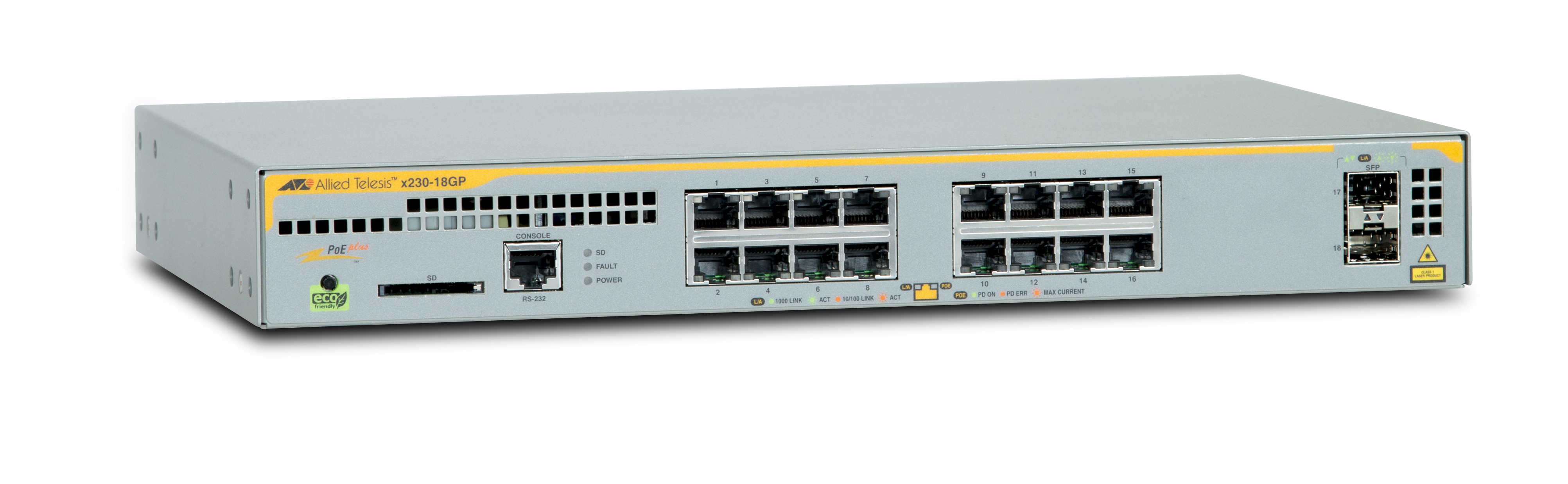 ALLIED TELESIS ALLIED L2+ managed switch 16x 10/100/1000Mbps POE ports 2x SFP uplink slots 1 Fixed AC power supply