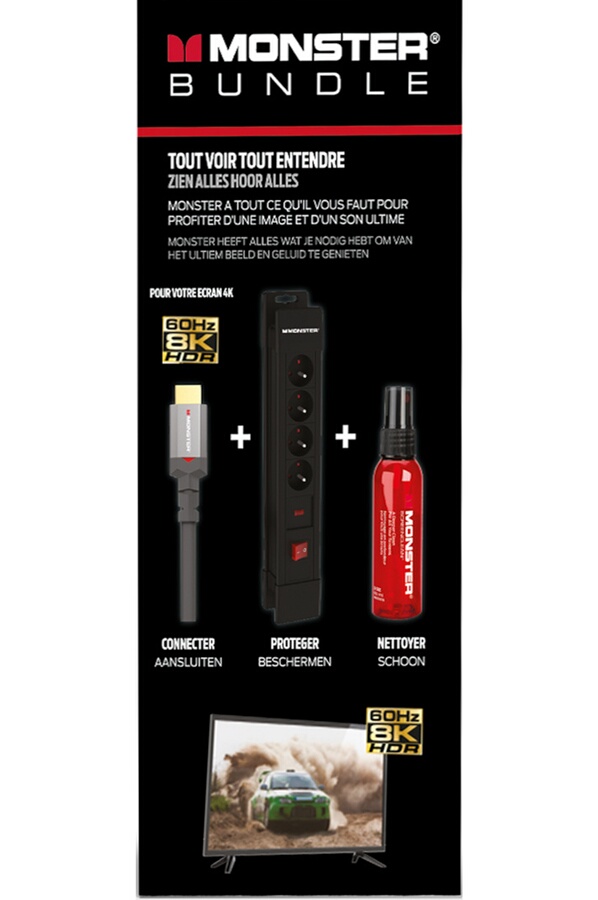 Monster Cable PACK CABLE HDMI 2.1 1,8 M+ PARAFOUDRE 4 PRISES + KIT DE NETTOYAGE ÉCRAN 60ML