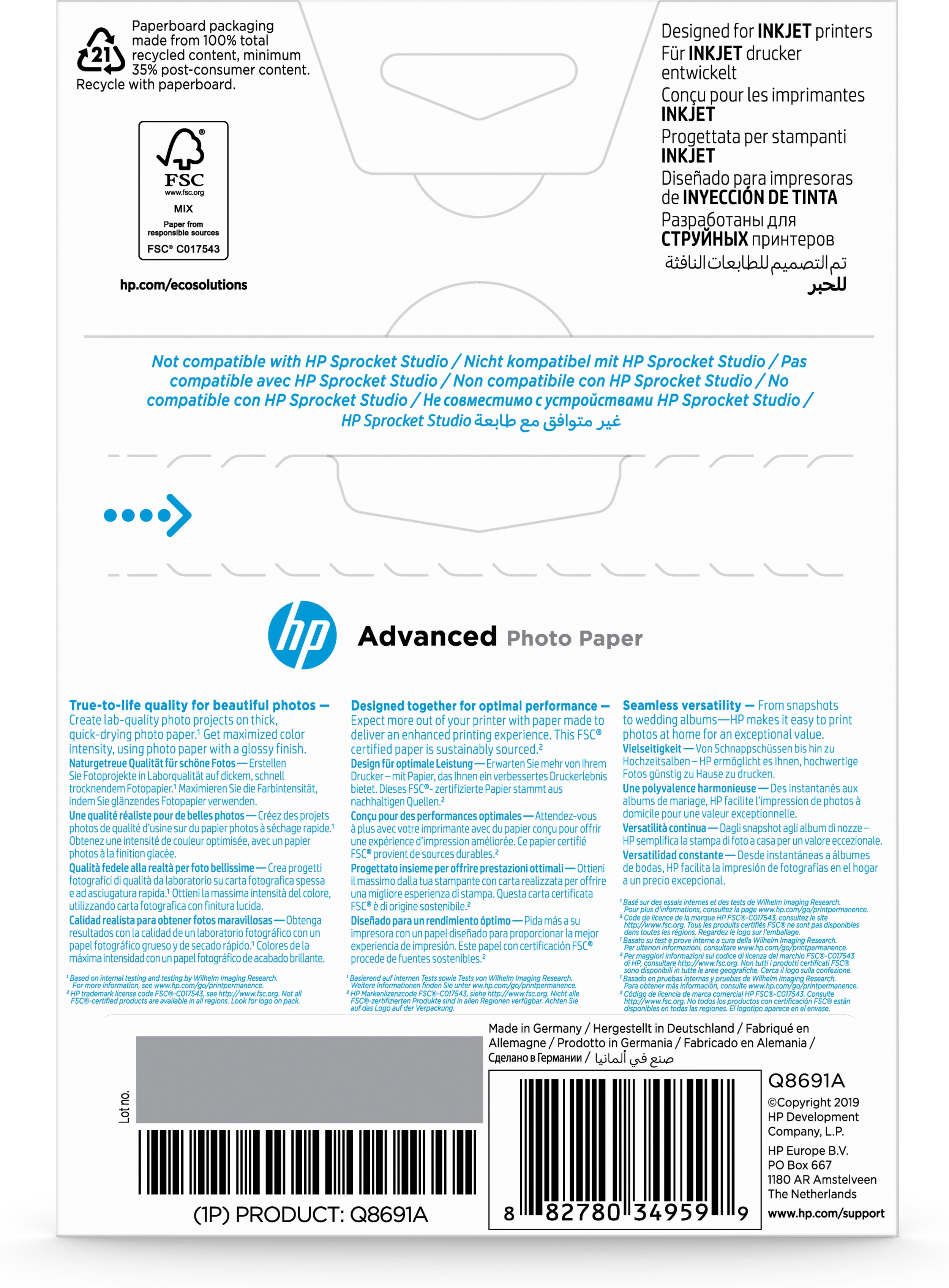 HP Original Q8691A Advanced glossy photo paper Ink cartridge 250g/m2 100x150mm 25 sheets 1-pack borderless