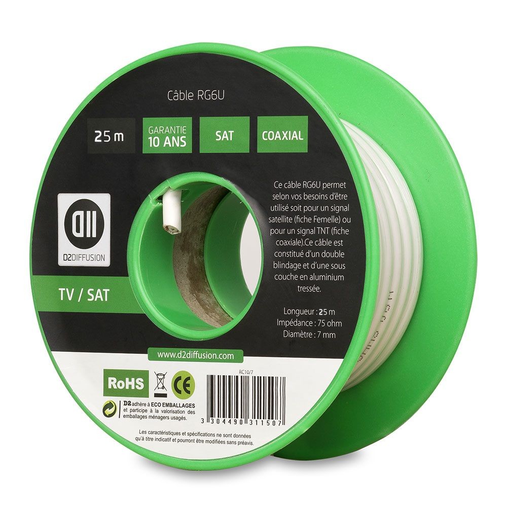 D2 Diffusion Bobine de c ble Coaxial 25 m Blanc diamÃ¨tre 7mm