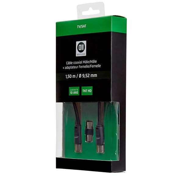 D2 Diffusion C ble antenne m le/m le 9.52 mm + adaptateur femelle/femelle 1.5M noir