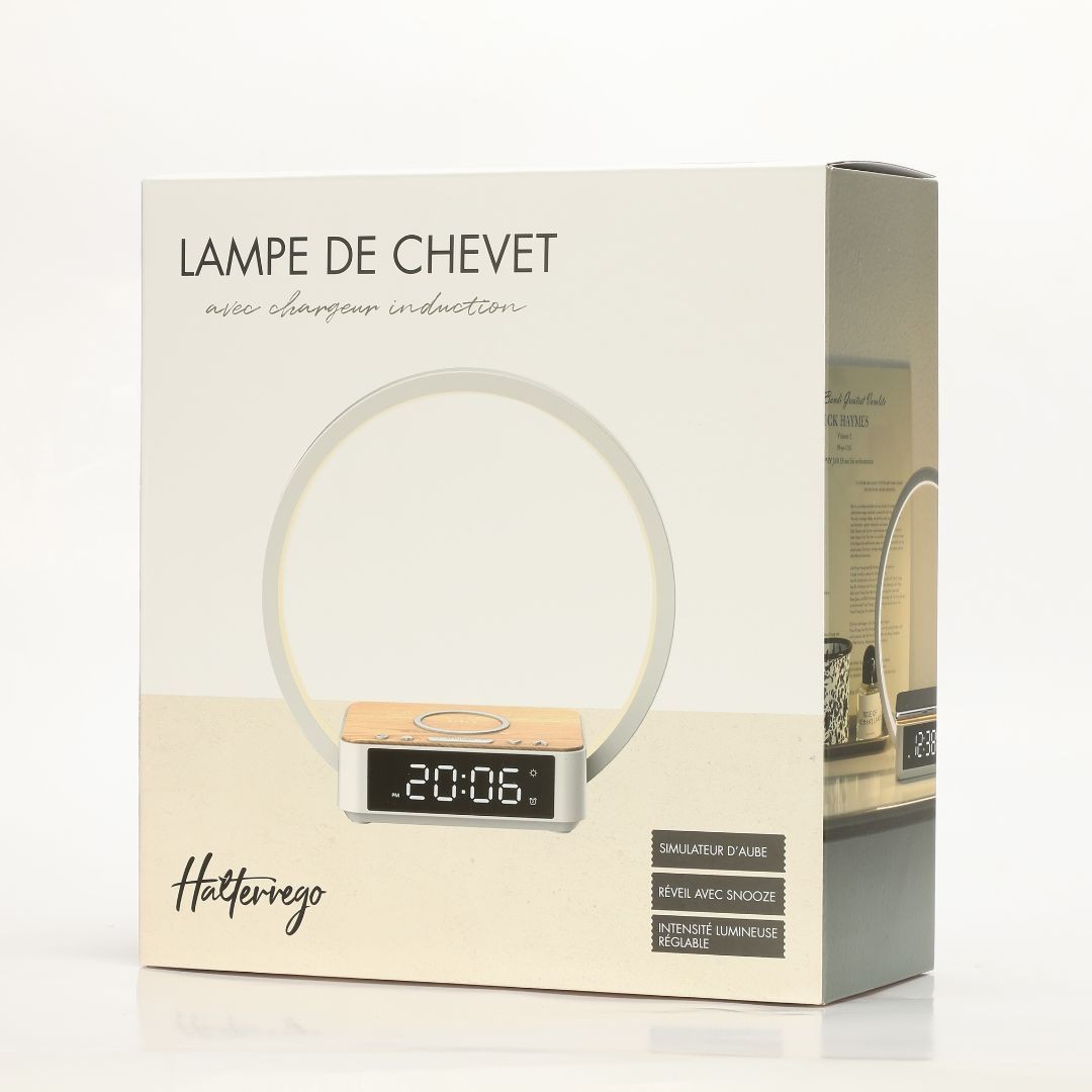 Halterrego Lampe de chevet avec chargeur induction certifié Qi à 10W, fonction réveil, lum