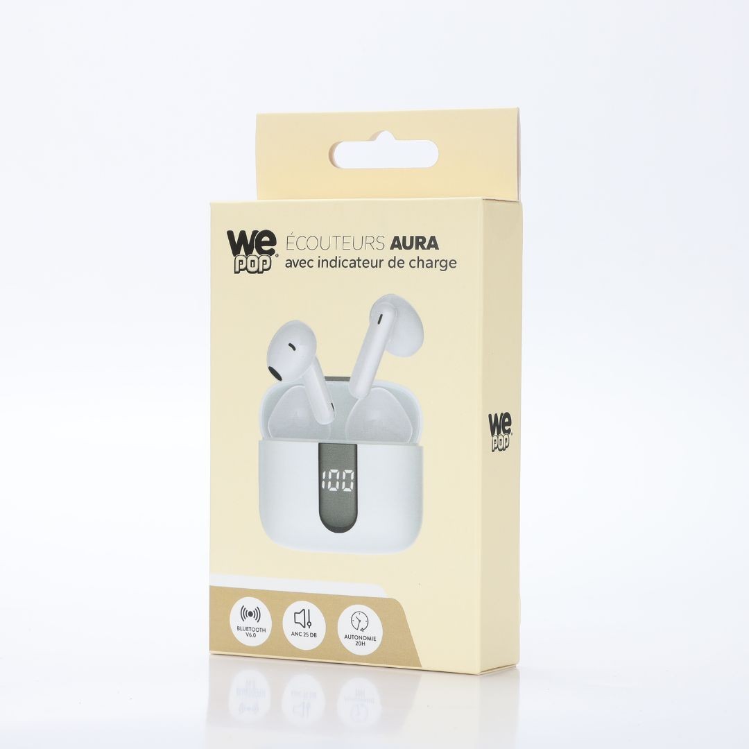WE Ecouteurs sans-fil avec indicateur de charge AURA, Bluetooth, batterie intégrée