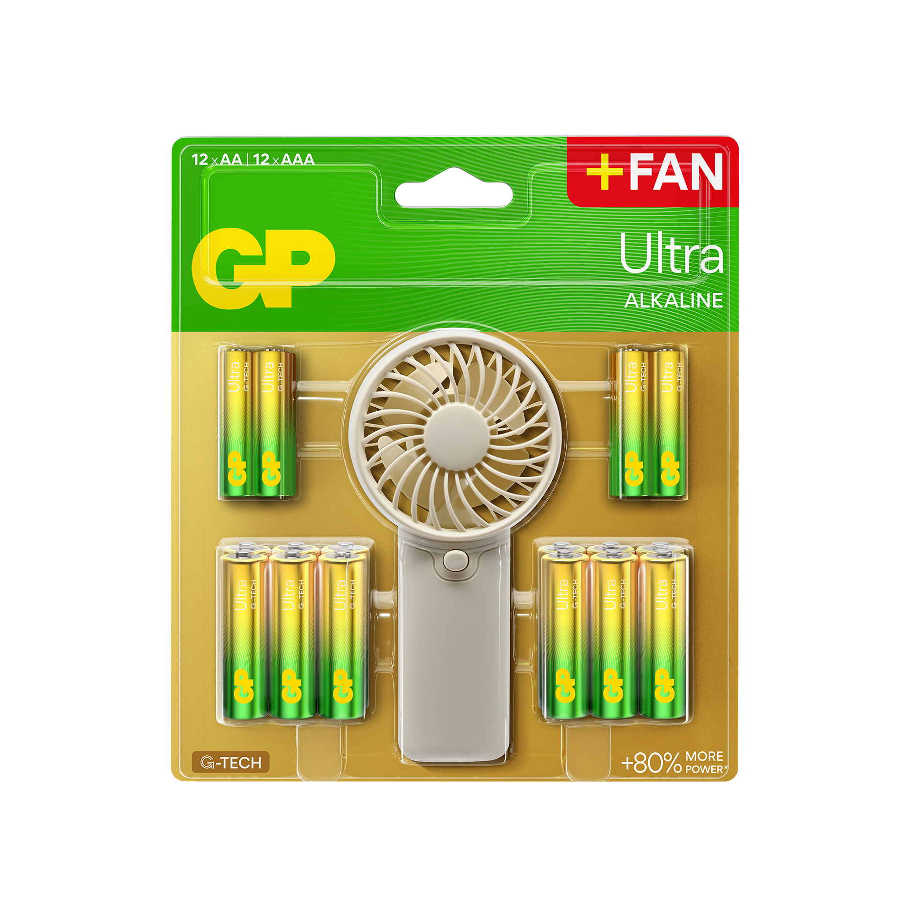 GP Batteries Lot de 24 piles Alcaline Ultra type AA/AAA + ventilateur à main