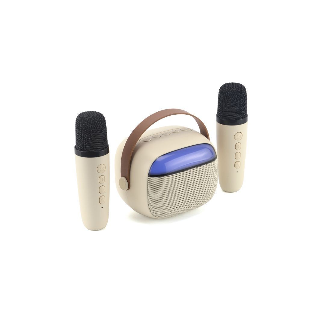 WE POP Mini enceinte karaoké à led + poignée, BT 5.4, rechargeable, 2 micros ave