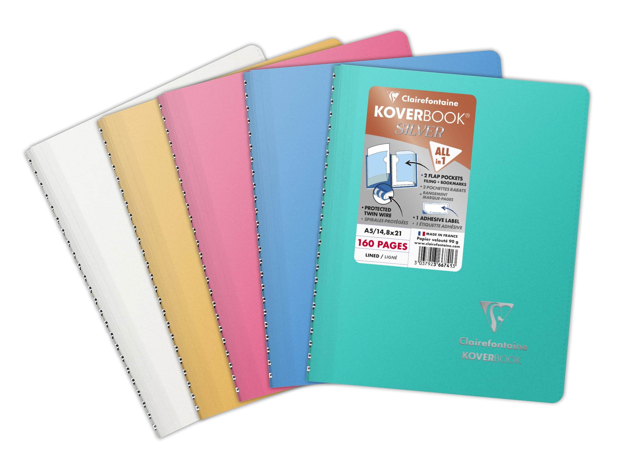 Clairefontaine Cahier ligné Koverbook A5 160 pages 14,8 x 21 cm Argent