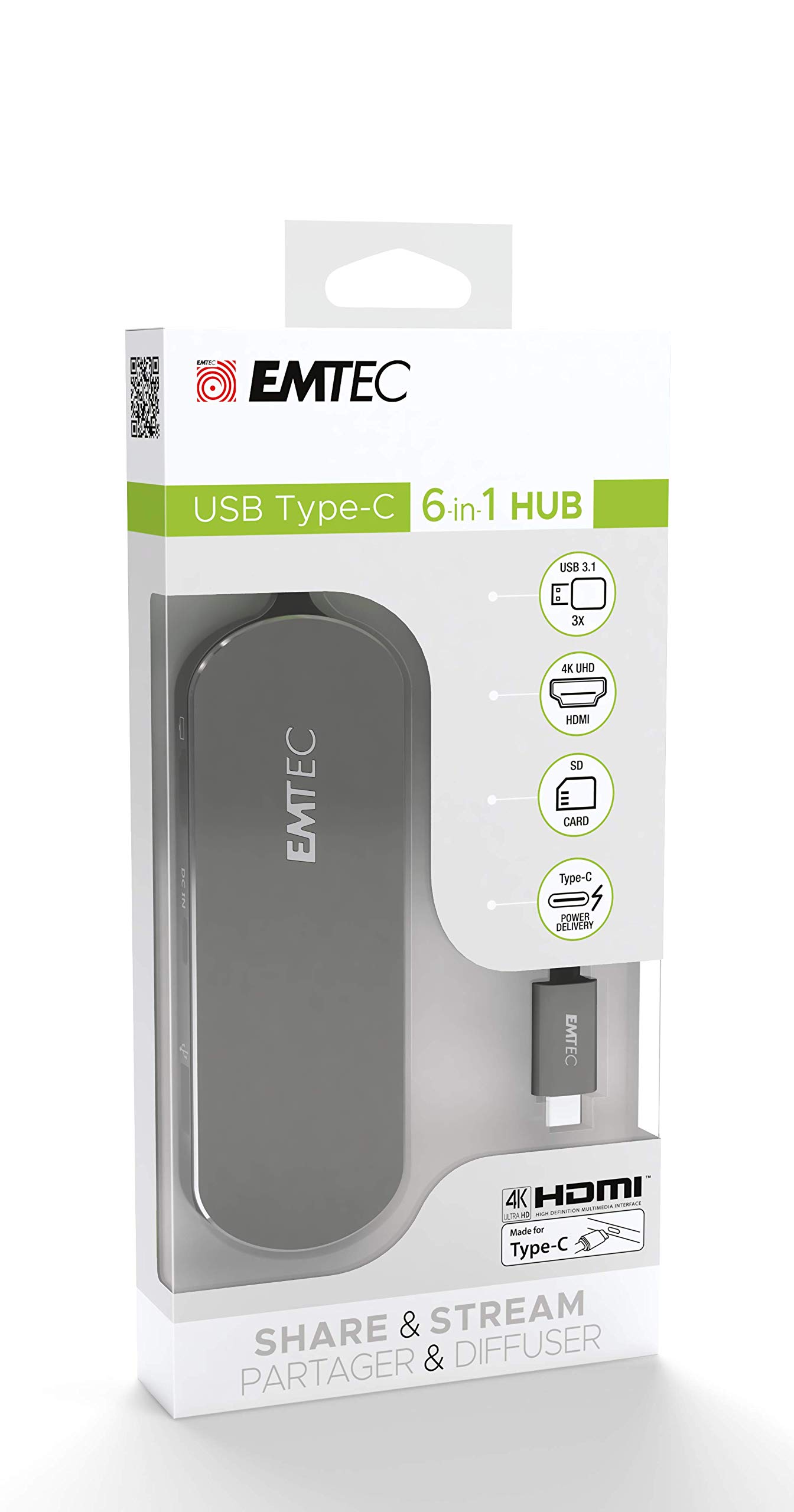 EMTEC Hub USB 3.1 6en1 T650C 3 ports 3.1 + 1 port USB-C + Lecteur de carte SD (Noir)
