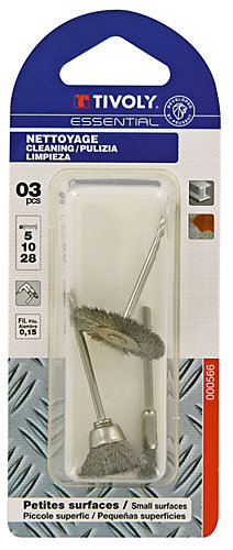 Tivoly - 3 Mini-Brosses : Pinceau-Coupe-Circulaire - Fil Acier Ondulé -D5mm /D10mm /D28mm - Queue cylindriqueD2,3mm