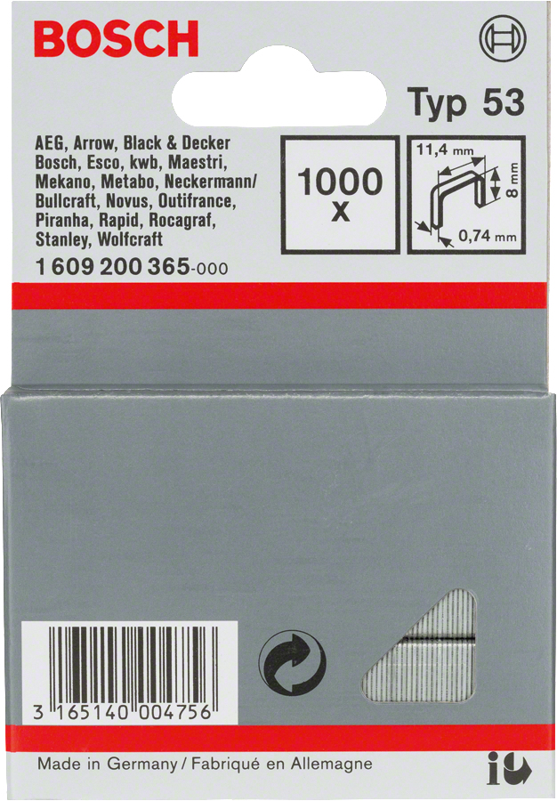 Bosch Professional Bosch 1609200365 Agrafes 8 / 11,4 mm 1000 pièces Type 5