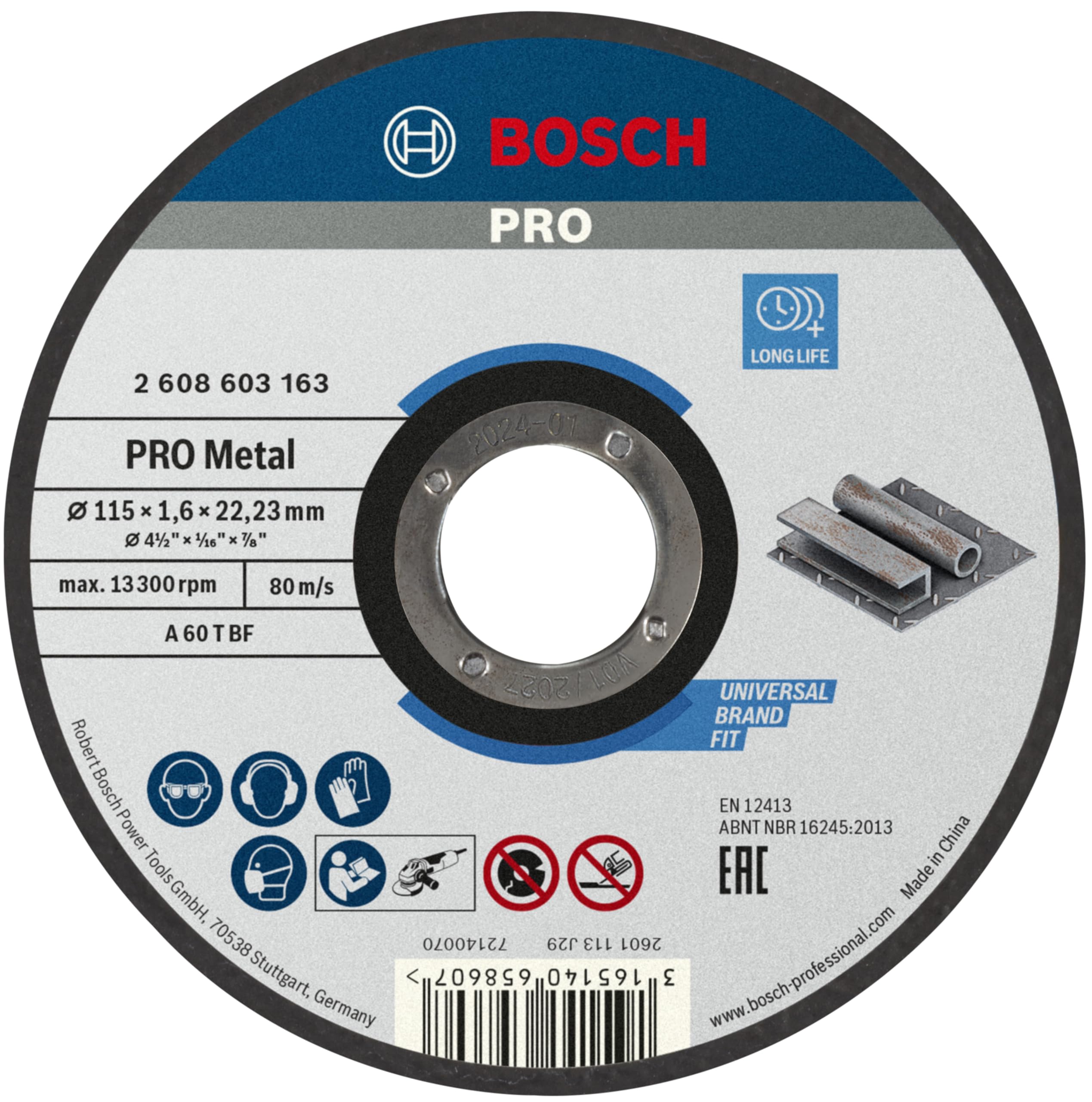 Bosch Professional Bosch 2608603163 Disque à tronçonner à moyeu plat standard for metal A 60 T BF 115 mm 22,23 mm 1,6 mm