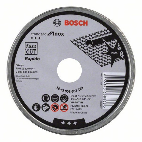 Bosch Professional 2608603254 Disque à tronçonner à moyeu plat standard for inox rapido WA 60 T BF 115 mm 22,23 mm 1,0 mm