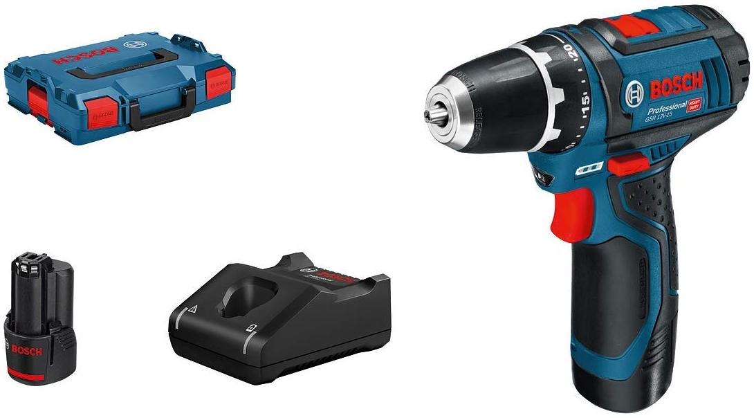 Bosch Perceuse-visseuse 12V GSR 12V-15 + 2 batteries 2Ah + chargeur + coffret L-BOXX