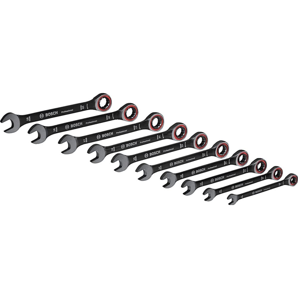 Bosch Professional Set de 10 Clés Mixtes à Cliquet en Acier et Chrome Vanadium