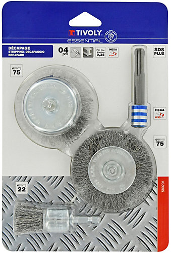 Tivoly - Lot 4 pièces : 3 brosses pour métal + 1 adaptateur SDS+
