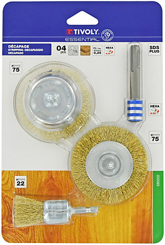 Tivoly - Lot 4 pièces : 3 brosses pour bois + 1 adaptateur SDS+